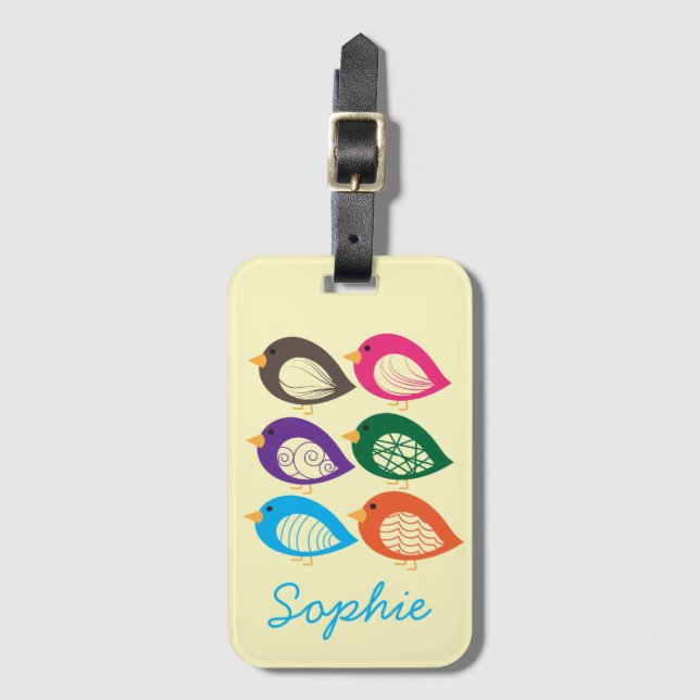 Cute colourful quirky birds luggage tag (Front Vertical)