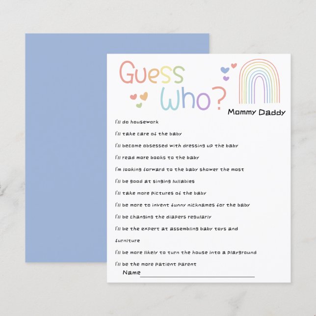 Cute Colourful Rainbow Baby Shower Guess Who Game (Front/Back)