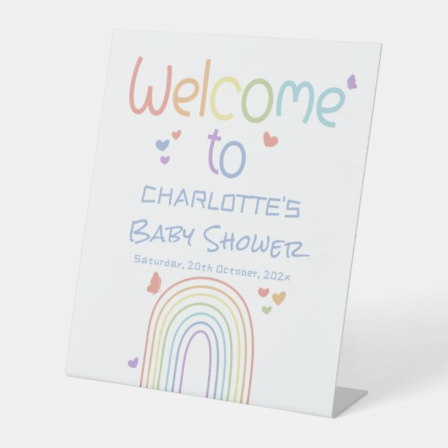Cute Colourful Rainbow Baby Shower Welcome Pedestal Sign (Front)