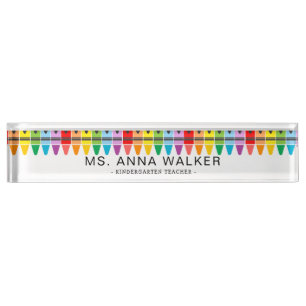 Cute Colourful Rainbow Crayons Kindergarten Teache Nameplate