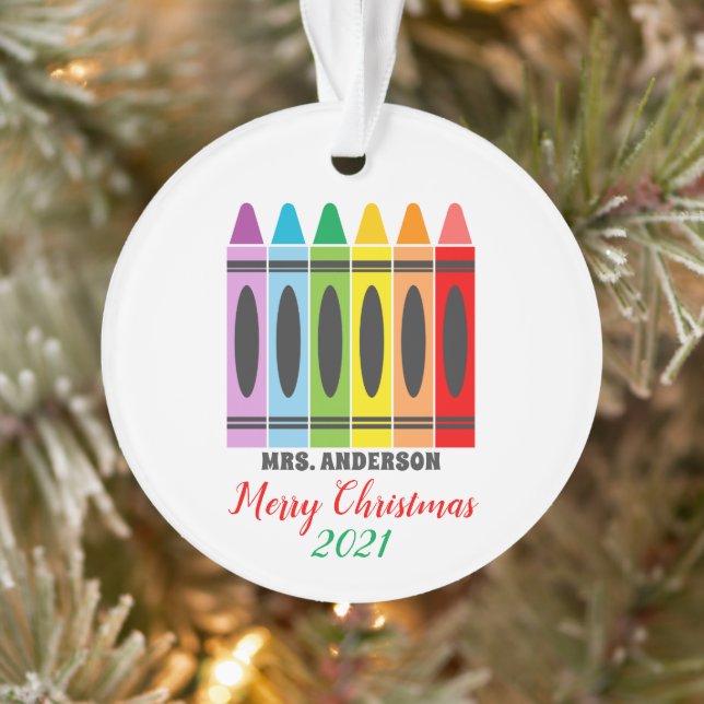 Cute Colourful Rainbow Crayons Teacher Personalize Ornament (Tree)