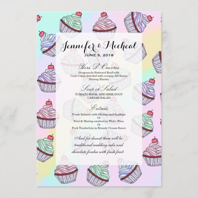 Cute Colourful Rainbow Foodie Cherry Cupcakes Menu (Front)