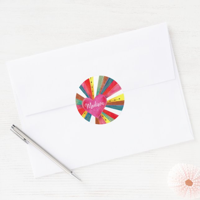Cute colourful Rainbow pink heart Classic Round Sticker (Envelope)
