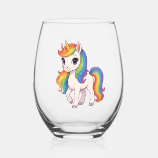 Cute, Colourful Rainbow unicorn  Stemless Wine Glass
