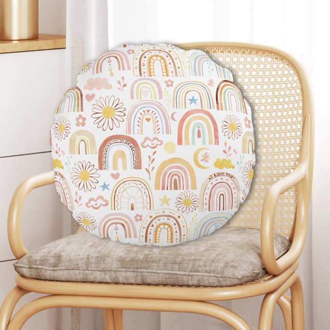 Cute Colourful Rainbows and Daisy Flowers Abstract Round Pillow (In situ)