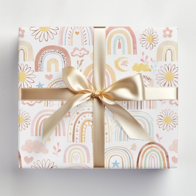 Cute Colourful Rainbows and Daisy Flowers Abstract Wrapping Paper (In situ)