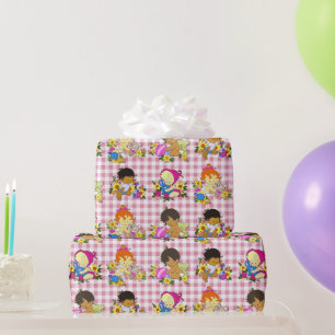 Cute Colourful Retro Baby Pattern on Pink Plaid  Wrapping Paper