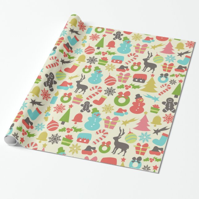 Cute Colourful Retro Christmas Wrapping Paper (Unrolled)