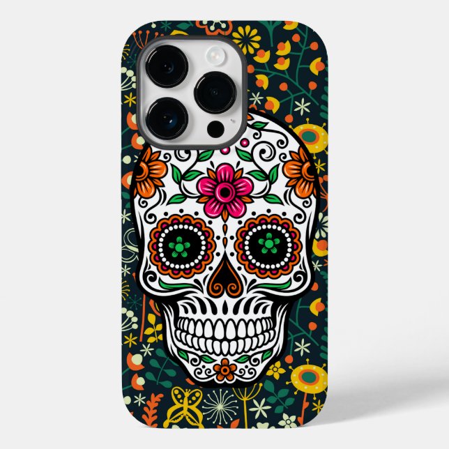 Cute Colourful Retro Floral Sugar Skull Case-Mate iPhone Case (Back)