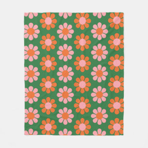 Cute Colourful Retro Flower Pattern Green and Pink Fleece Blanket