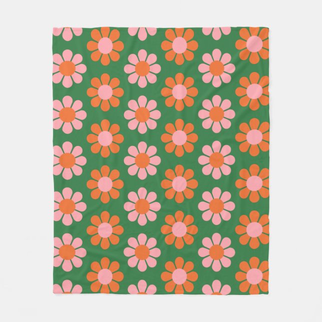 Cute Colourful Retro Flower Pattern Green and Pink Fleece Blanket (Front)