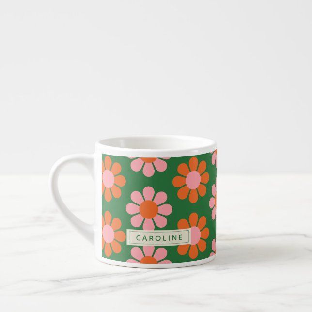 Cute Colourful Retro Flower Pattern Green Pink Nam Espresso Cup (Left)