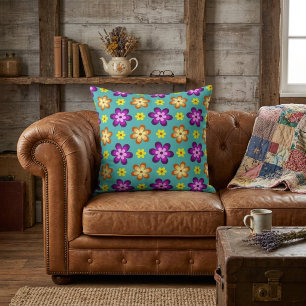 Cute Colourful Retro Flowers Big Throw Pillow