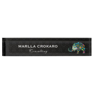 Cute Colourful Retro Flowers Elephant Illustration Nameplate
