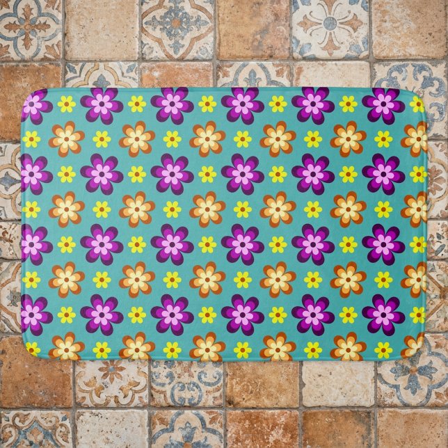 Cute Colourful Retro Flowers Large Bath Mat (Top down view of Cute Colorful Retro Flowers Large Bath Mat laying on tile floor.)