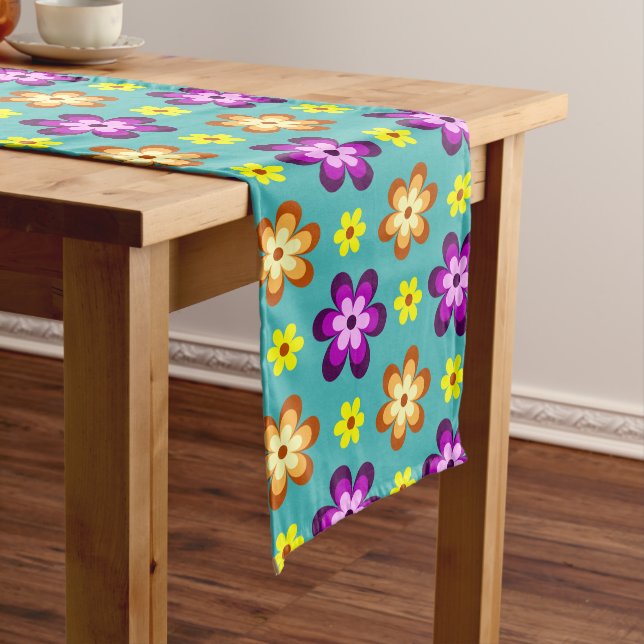 Cute Colourful Retro Flowers Large Table Runner (In Situ)