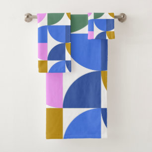 Cute Colourful Retro Geometric Shapes Pattern Blue Bath Towel Set