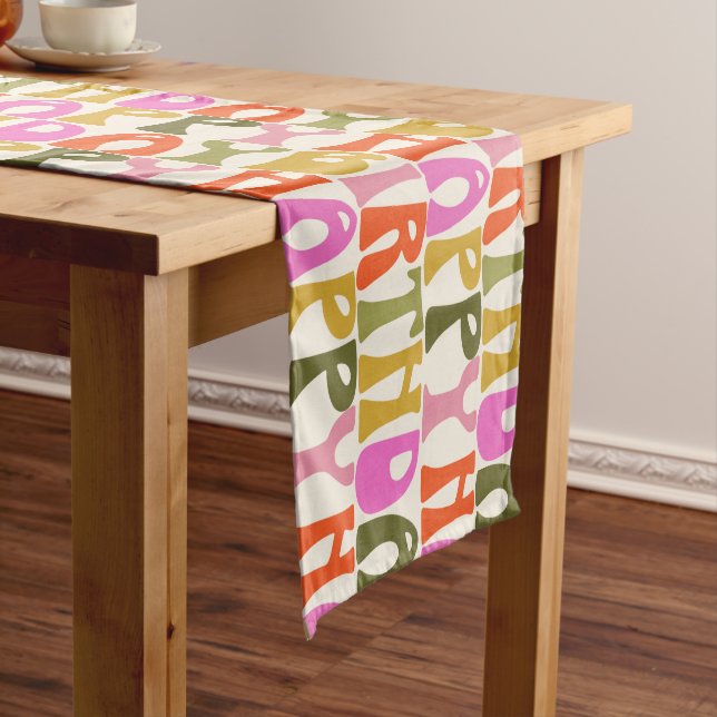 Cute Colourful Retro Happy Birthday Text Pattern   Short Table Runner (In Situ)