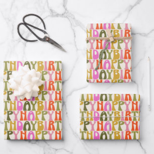 Cute Colourful Retro Happy Birthday Text Pattern Wrapping Paper Sheet