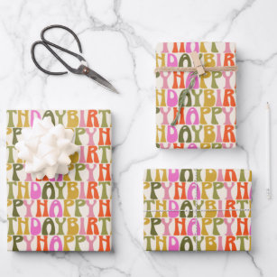 Cute Colourful Retro Happy Birthday Text Pattern Wrapping Paper Sheet