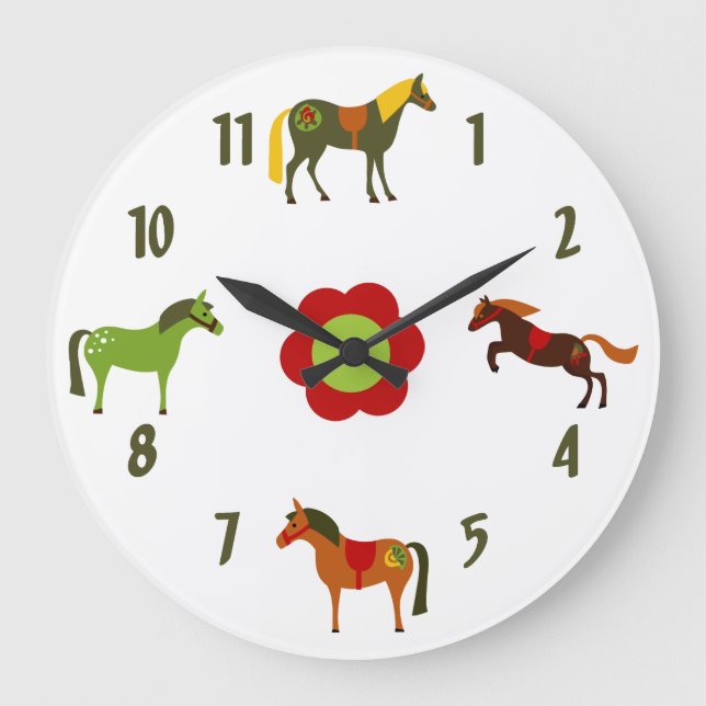Cute Colourful Retro Ponies and Flower Horse Large Clock (Front)