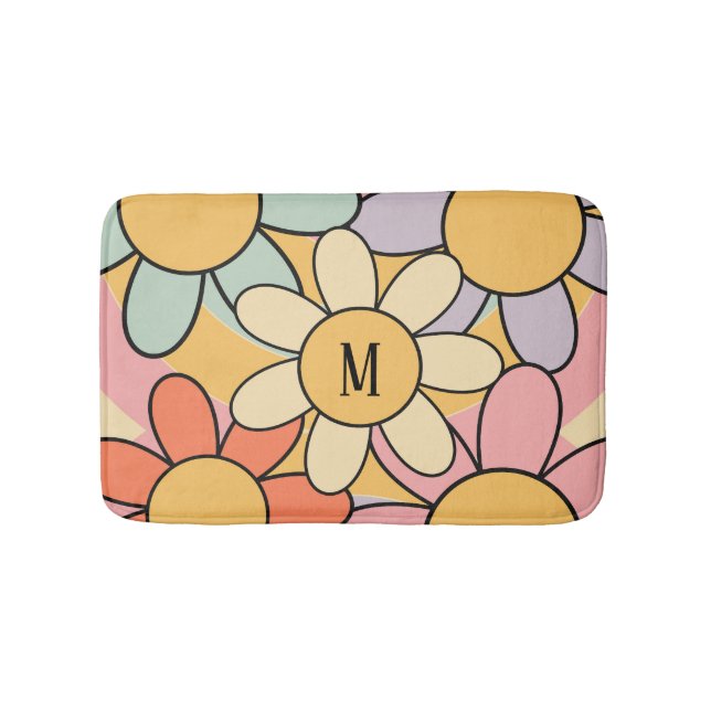 Cute colourful retro style daisy flowers bath mat (Front)
