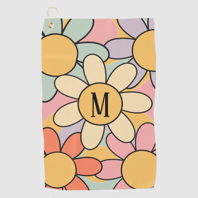 Cute colourful retro style daisy flowers golf towel (Front)