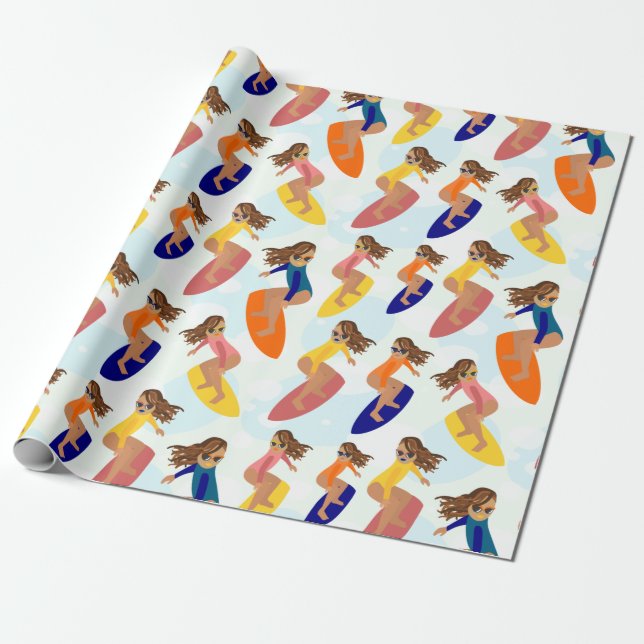 Cute Colourful Retro Summer Surfer Girl Pattern Wrapping Paper (Unrolled)