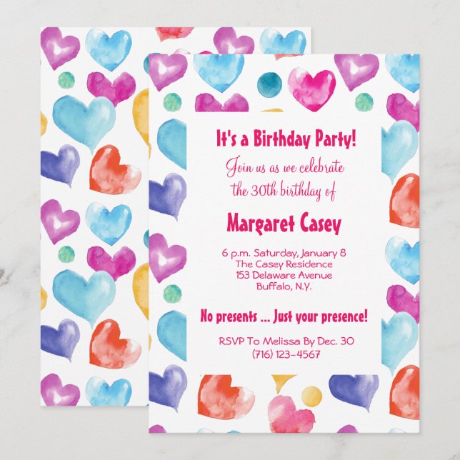 Cute Colourful Retro Watercolor Hearts Birthday Invitation (Front/Back)