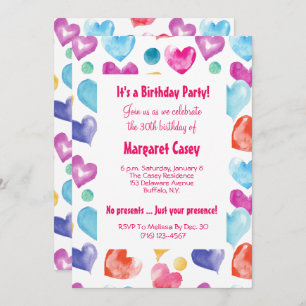Cute Colourful Retro Watercolor Hearts Birthday Invitation