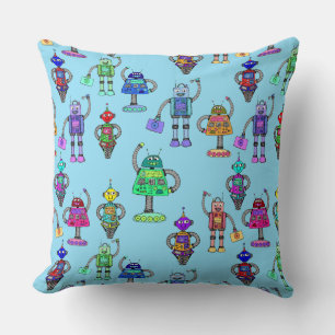 Cute colourful robots on blue background throw pillow