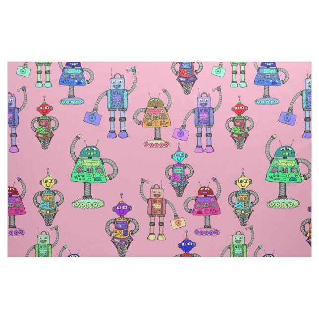Cute colourful robots on pink background fabric (Fat Quarter)
