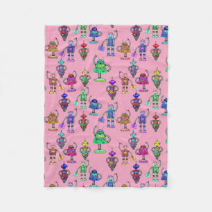 Cute colourful robots on pink background fleece blanket
