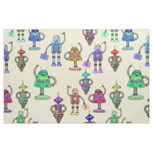 Cute colourful robots on yellow background fabric