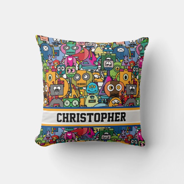 🤖Cute colourful robots with custom name Throw Pillow (Front)
