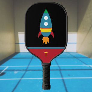 Cute Colourful Rocket on Black - Monogram Initial Pickleball Paddle