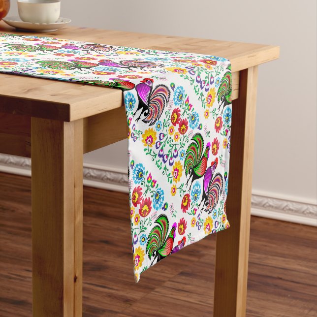Cute Colourful Rooster Floral Pattern Short Table Runner (In Situ)