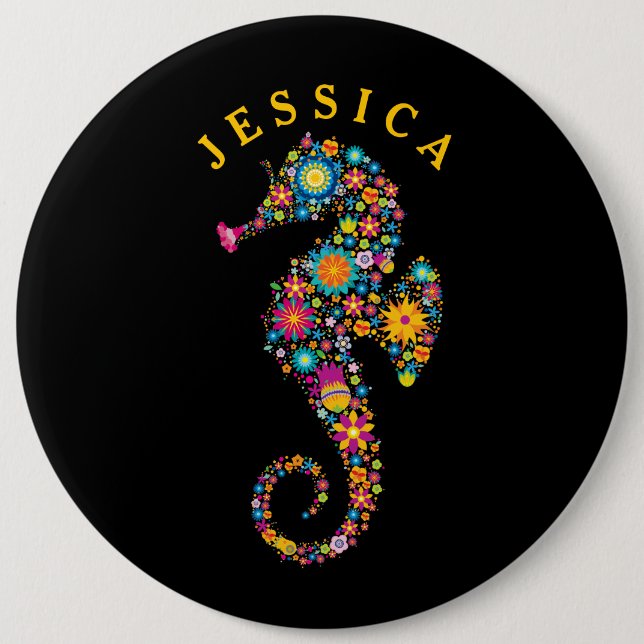 Cute Colourful Sea Horse Floral Illustration 6 Inch Round Button (Front)