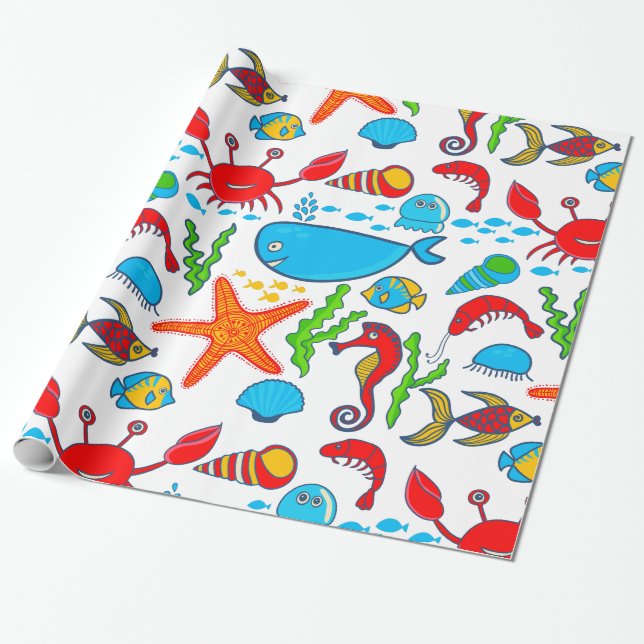 Cute Colourful Sea-Life Illustration Pattern Wrapping Paper (Unrolled)