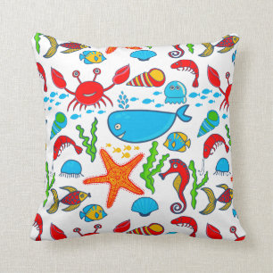 Cute Colourful Sea-life Illustration Throw Pillow