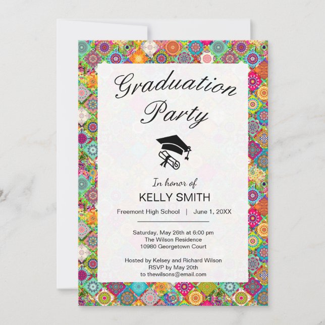 Cute colourful seamless decorative graduation part invitation (Front)