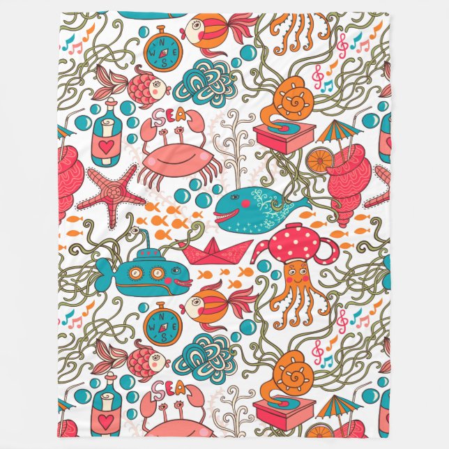 Cute Colourful See-Life Illustration Pattern 2 Fleece Blanket (Front)