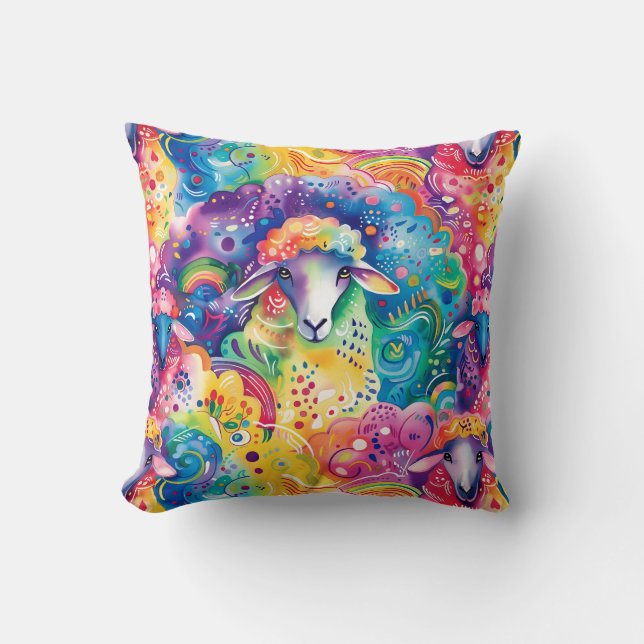 Cute colourful sheeps pattern throw pillow (Front)