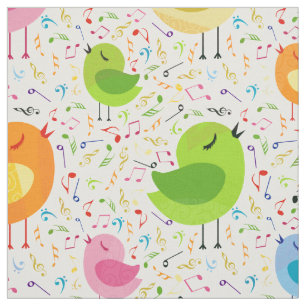 Cute Colourful Singing  Birds & Music Notes Patter Fabric