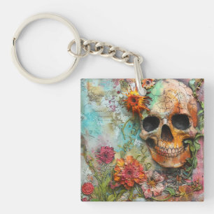 Cute Colourful Skull and Flowers Keychain