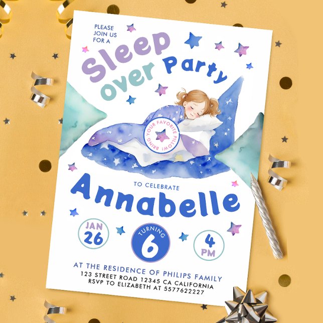 Cute Colourful Sleepover Slumber Pajama Watercolor Invitation (Creator Uploaded)