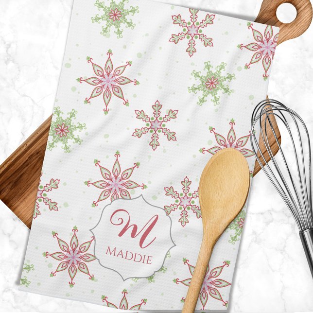 Cute Colourful Snowflake Monogram Christmas Holida Kitchen Towel (Monogrammed Christmas kitchen towel.)