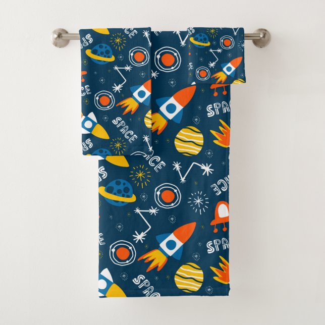 Cute Colourful Space Adventures Pattern Bath Towel Set (Insitu)