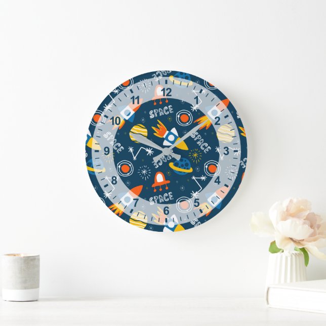 Cute Colourful Space Adventures Pattern Large Clock (Home)