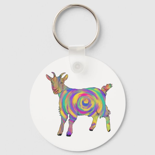 Cute Colourful Spiral Goat Funny Quirky Animal Art Keychain (Front)